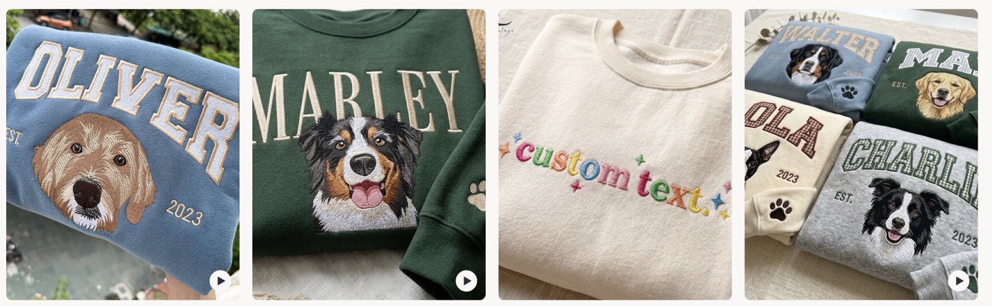 Four embroidered pet portrait crewnecks: Oliver, Marley, custom text rainbow, and Walter Marley Lola Charlie stacked